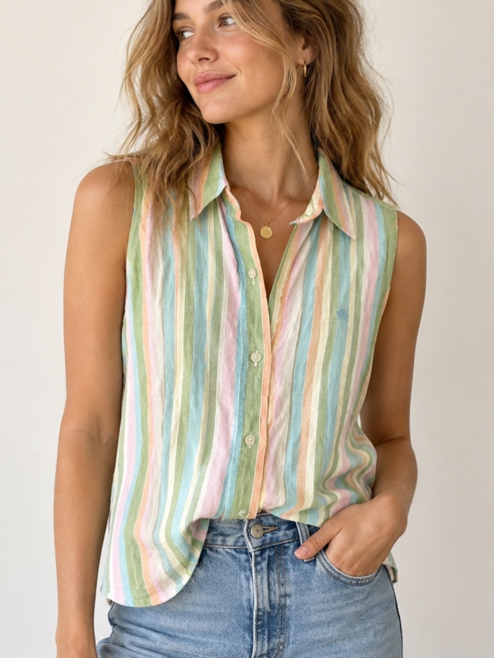 Lauren Ralph Lauren Pastel Stripe 100% Linen Sleeveless Shirt S